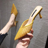 Vipkoala Mesh Slippers Women New Summer Shoes Women Fashion Knitted Elastic Pointed Slides Spike Heels Beige Mules Shoes High Heels