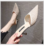 Vipkoala Mesh Slippers Women New Summer Shoes Women Fashion Knitted Elastic Pointed Slides Spike Heels Beige Mules Shoes High Heels