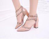 Vipkoala Women's shoes summer sandals pointed patent leather rivet buckle sandals thick with heel wild thin