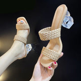 Vipkoala New Summer Women Mules Design Slippers Sandal Slides Braided Cord 7cm Transparent Fretwork Heels Women Shoes Female