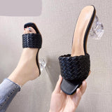 Vipkoala New Summer Women Mules Design Slippers Sandal Slides Braided Cord 7cm Transparent Fretwork Heels Women Shoes Female