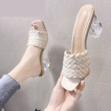 Vipkoala New Summer Women Mules Design Slippers Sandal Slides Braided Cord 7cm Transparent Fretwork Heels Women Shoes Female