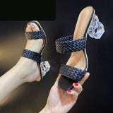 Vipkoala New Summer Women Mules Design Slippers Sandal Slides Braided Cord 7cm Transparent Fretwork Heels Women Shoes Female