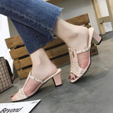 Vipkoala Summer Fashion Slip On Mesh High Heel Slippers Mules Shoes Women Sexy Open Toe Black Pink Slides Outdoor Plus Size 35-43