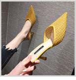 Vipkoala Mesh Slippers Women New Summer Shoes Women Fashion Knitted Elastic Pointed Slides Spike Heels Beige Mules Shoes High Heels