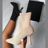 New Women Socks Shoes Stretch Fabric Women Ankle Boots Pointed Toe High Heels Slip-On Sexy Sock Heeled Chelsea Boots Size 36~43
