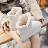 Vipkoala New Winter Plus Velvet PU Waterproof Mid-Tube Snow Boots Thickened Warm Women's Boots 35-40 Flat-Heeled Cotton Shoes