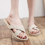 Vipkoala Cross Band Women Slide Sandals Beach Hemp Rope Slides Espadrille Flip Flops Two Straw Straps Shoes