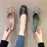 Vipkoala Women Ballet Flats Bling Crystal Diamond Dress Ladies Bow Sequins Single Shoes Rhinestone Glitter Square Toe Plus Size 43